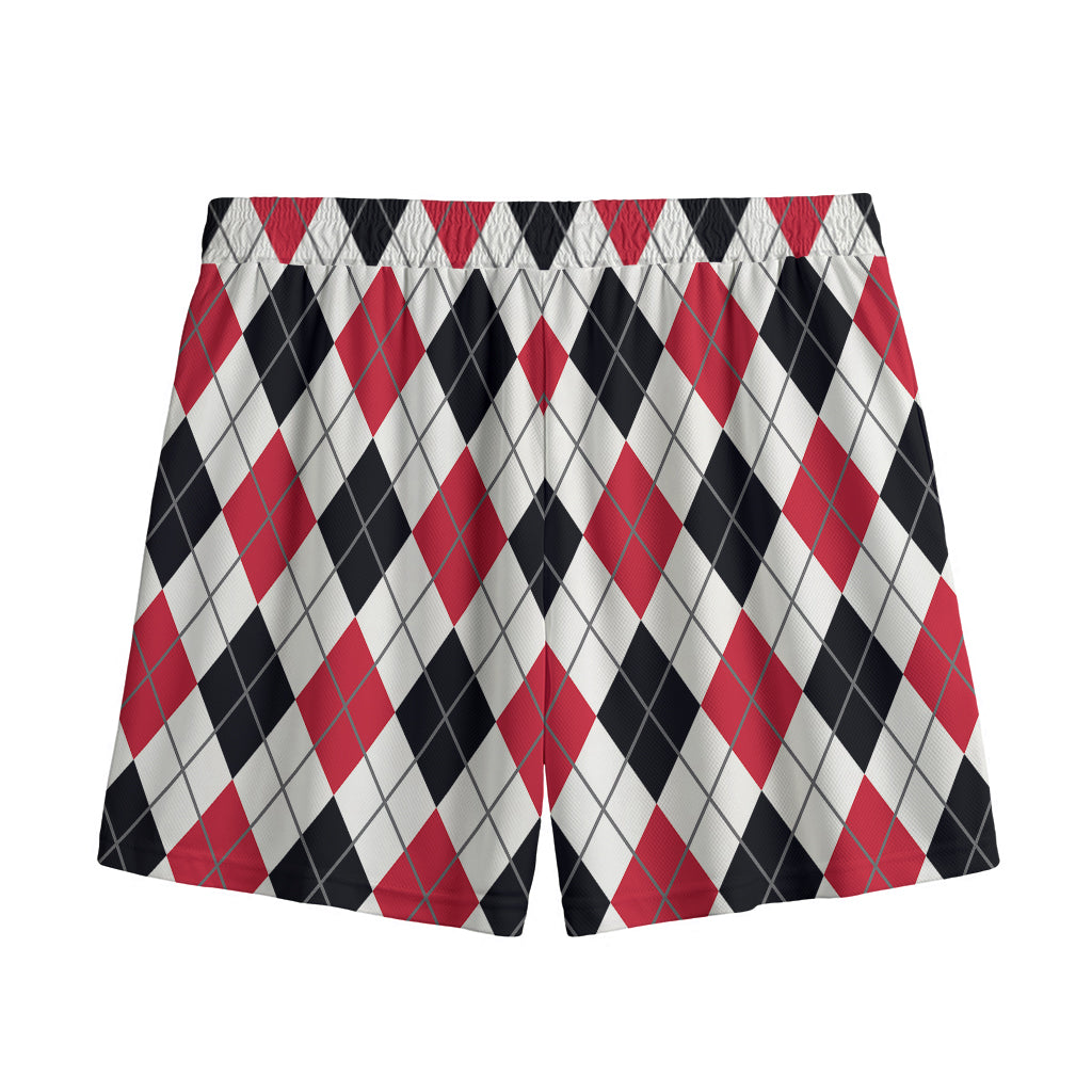 Red Black And White Argyle Pattern Print Mesh Shorts