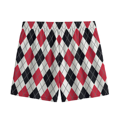 Red Black And White Argyle Pattern Print Mesh Shorts