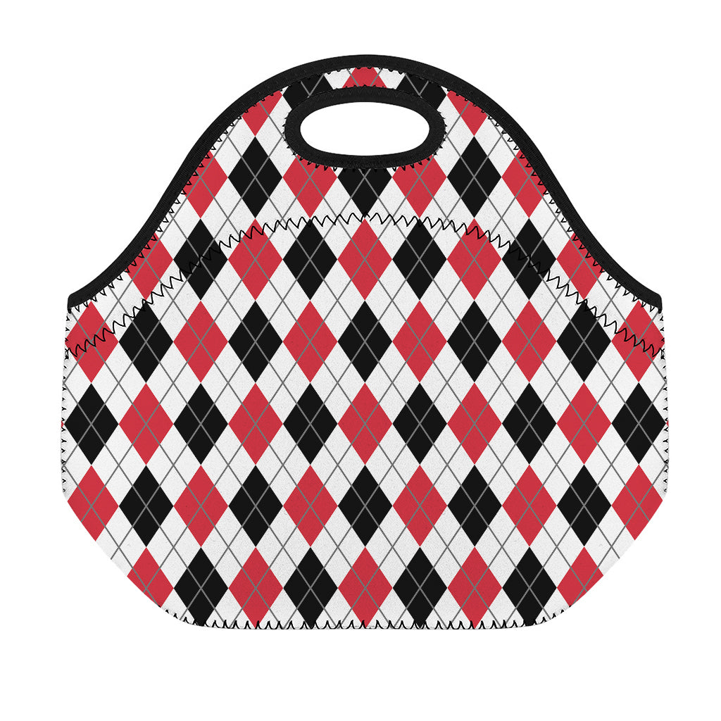 Red Black And White Argyle Pattern Print Neoprene Lunch Bag