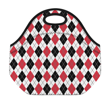 Red Black And White Argyle Pattern Print Neoprene Lunch Bag