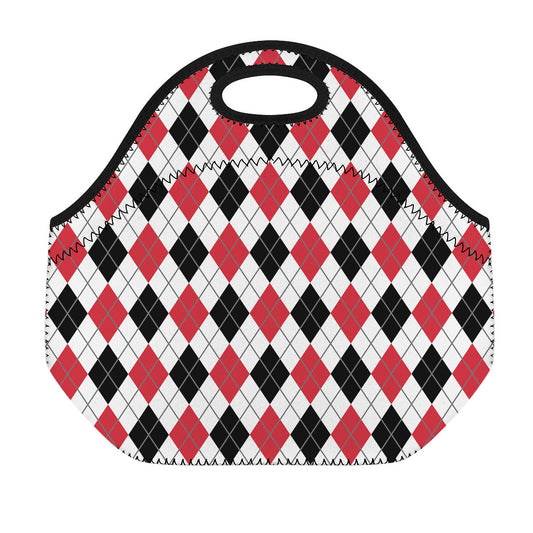 Red Black And White Argyle Pattern Print Neoprene Lunch Bag