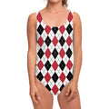 Red Black And White Argyle Pattern Print One Piece Swimsuit