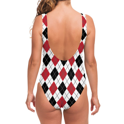 Red Black And White Argyle Pattern Print One Piece Swimsuit