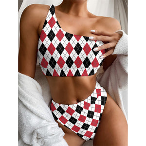 Red Black And White Argyle Pattern Print One Shoulder Bikini Top