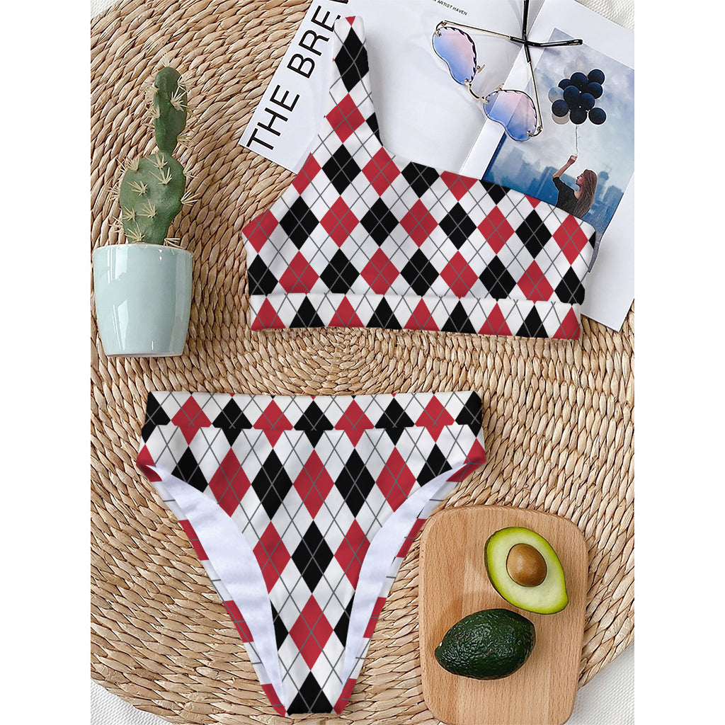 Red Black And White Argyle Pattern Print One Shoulder Bikini Top