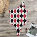 Red Black And White Argyle Pattern Print One Shoulder Bodysuit