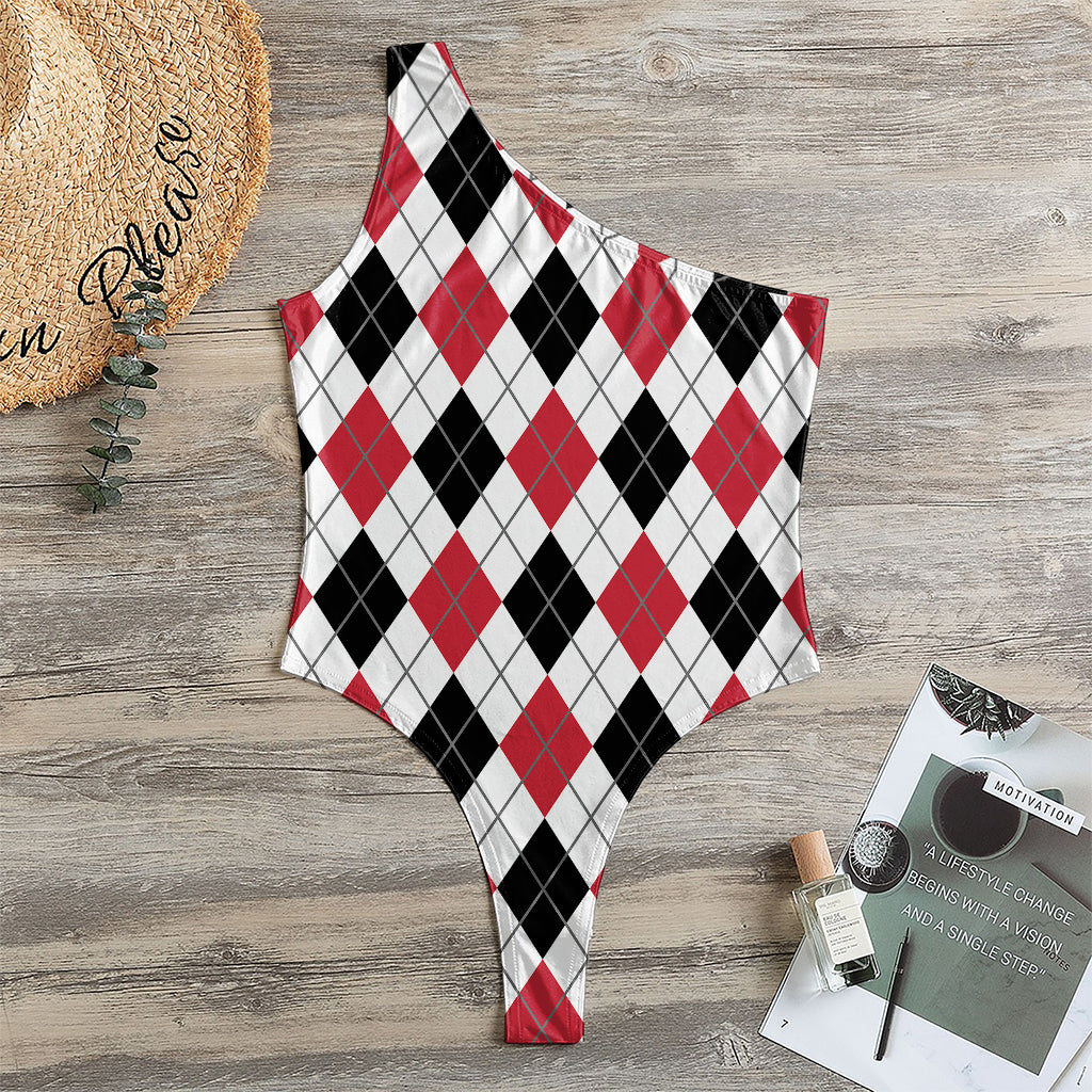 Red Black And White Argyle Pattern Print One Shoulder Bodysuit