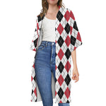 Red Black And White Argyle Pattern Print Open Front Beach Cover Up