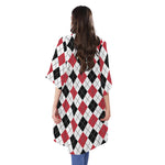 Red Black And White Argyle Pattern Print Open Front Beach Cover Up