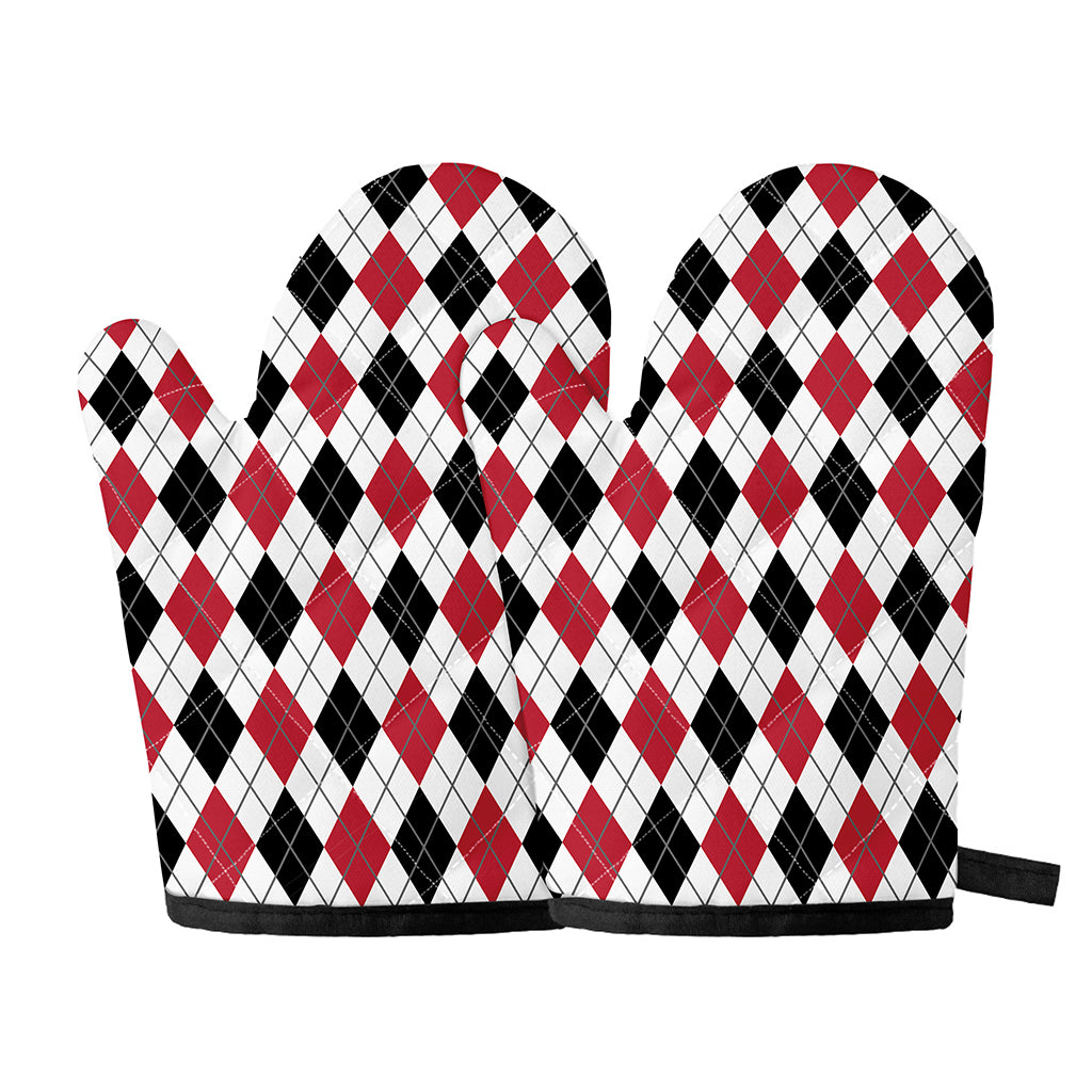 Red Black And White Argyle Pattern Print Oven Mitts