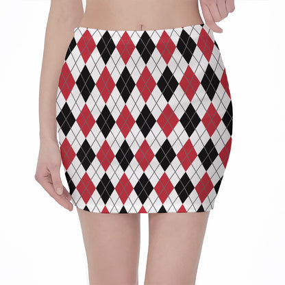 Red Black And White Argyle Pattern Print Pencil Mini Skirt