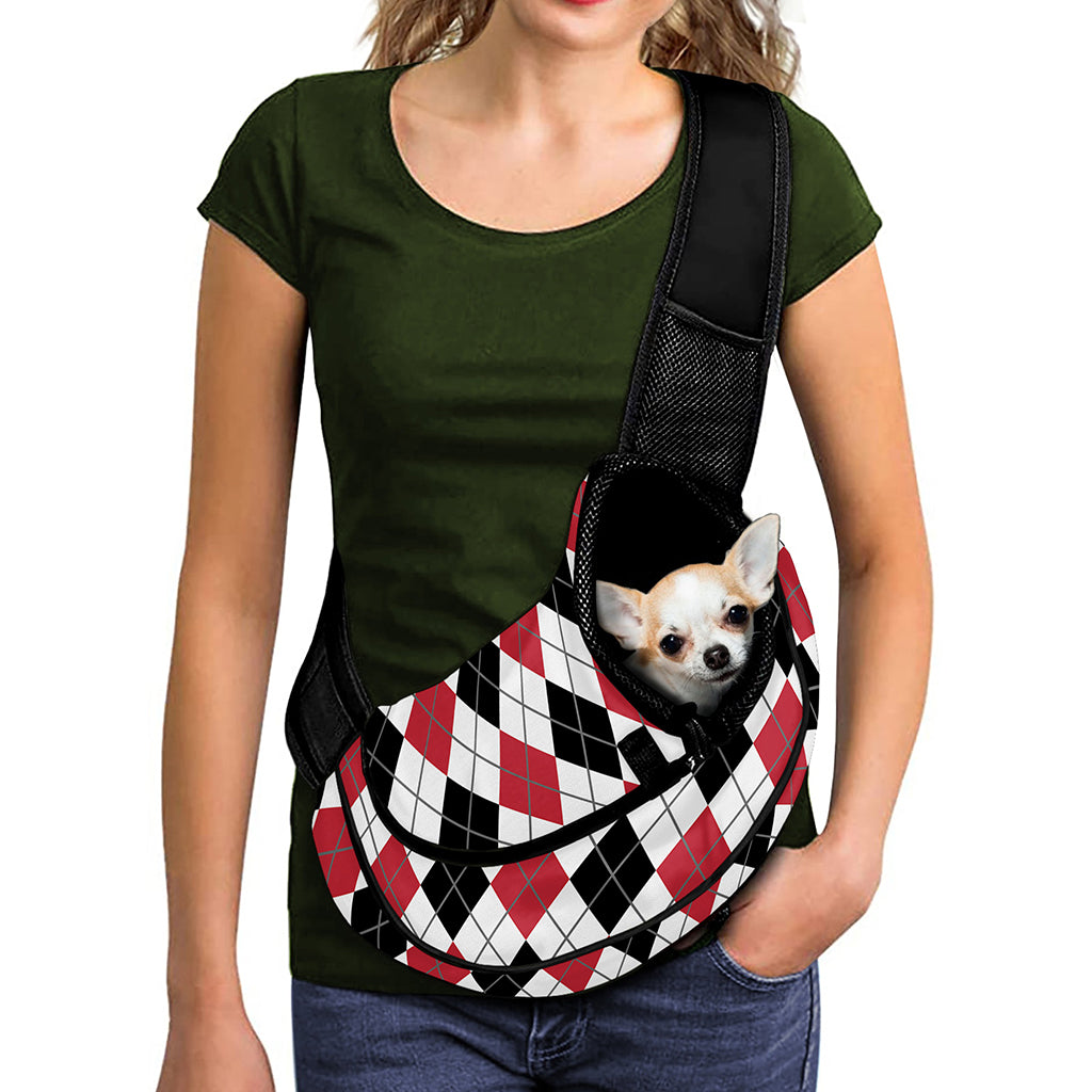 Red Black And White Argyle Pattern Print Pet Sling Carrier