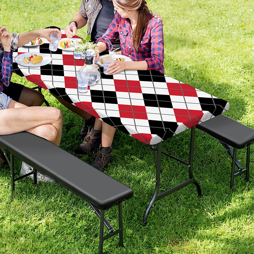 Red Black And White Argyle Pattern Print Picnic Table Cover