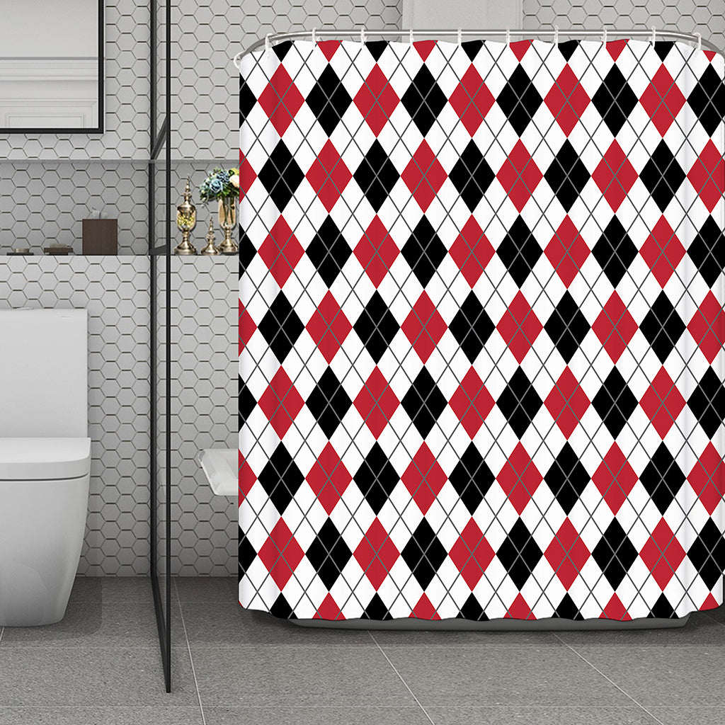 Red Black And White Argyle Pattern Print Polyester Shower Curtain