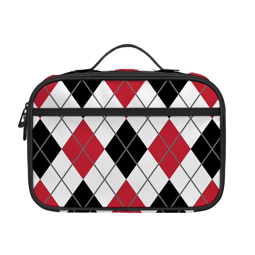 Red Black And White Argyle Pattern Print Portable Lunch Bag