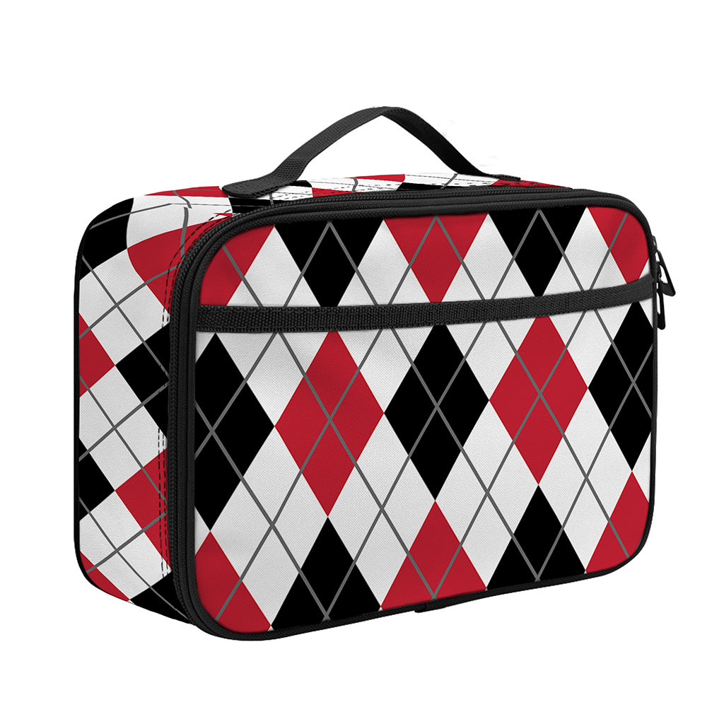 Red Black And White Argyle Pattern Print Portable Lunch Bag