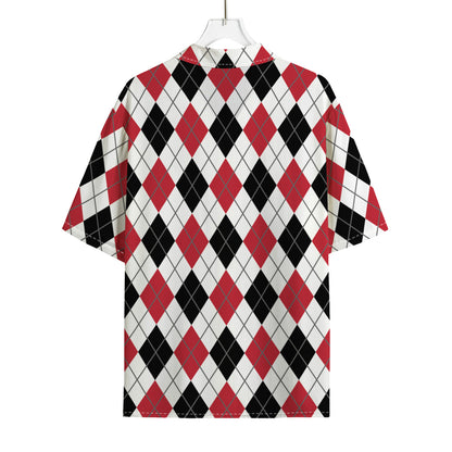 Red Black And White Argyle Pattern Print Rayon Hawaiian Shirt