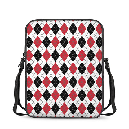 Red Black And White Argyle Pattern Print Rectangular Crossbody Bag