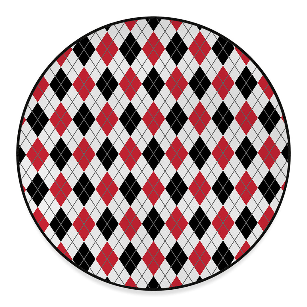 Red Black And White Argyle Pattern Print Round Floor Mat