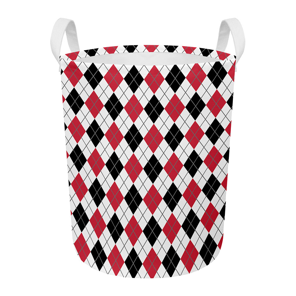 Red Black And White Argyle Pattern Print Round Laundry Basket