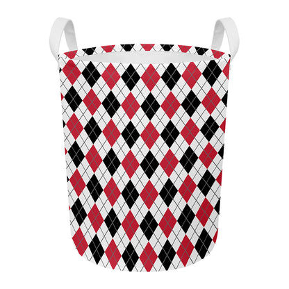 Red Black And White Argyle Pattern Print Round Laundry Basket