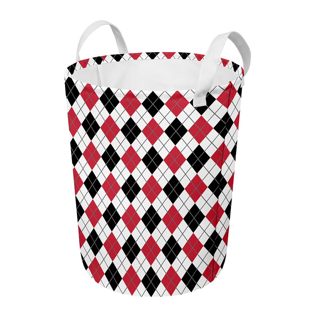 Red Black And White Argyle Pattern Print Round Laundry Basket