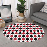 Red Black And White Argyle Pattern Print Round Rug