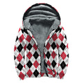 Red Black And White Argyle Pattern Print Sherpa Lined Zip Up Hoodie
