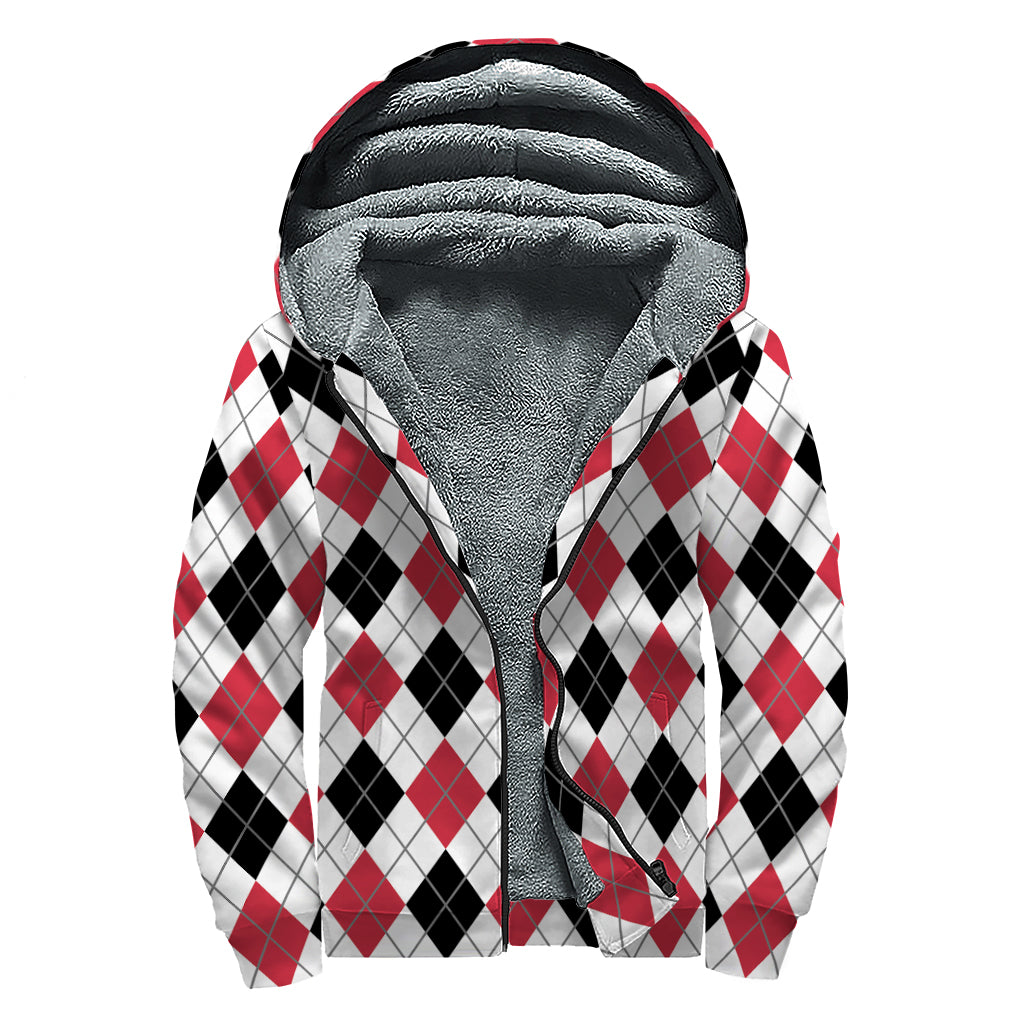 Red Black And White Argyle Pattern Print Sherpa Lined Zip Up Hoodie