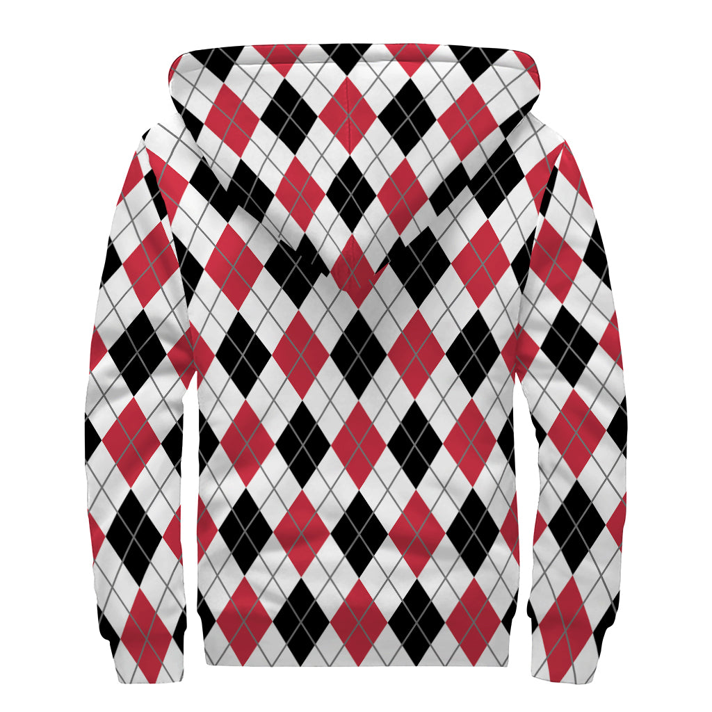 Red Black And White Argyle Pattern Print Sherpa Lined Zip Up Hoodie