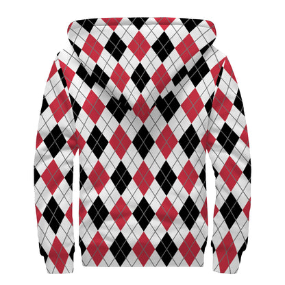 Red Black And White Argyle Pattern Print Sherpa Lined Zip Up Hoodie