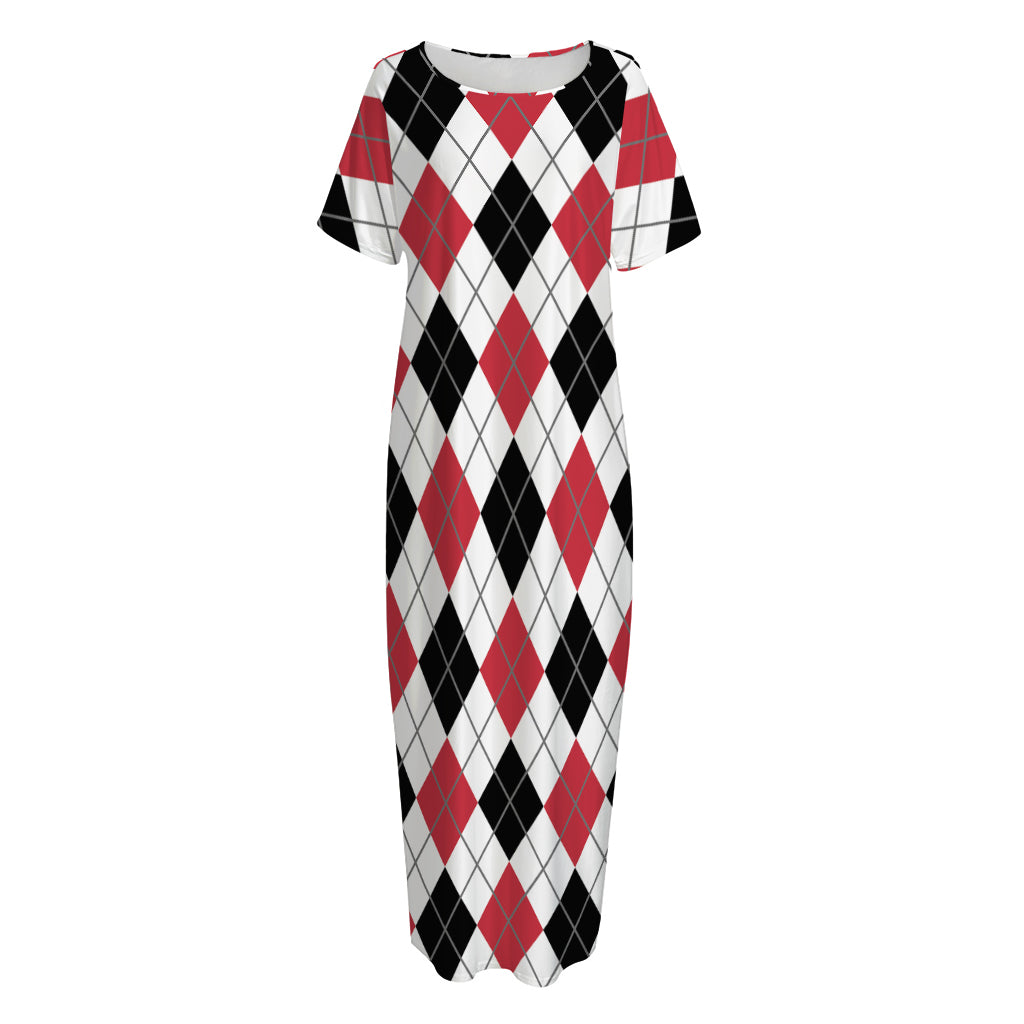 Red Black And White Argyle Pattern Print Short Sleeve Long Nightdress