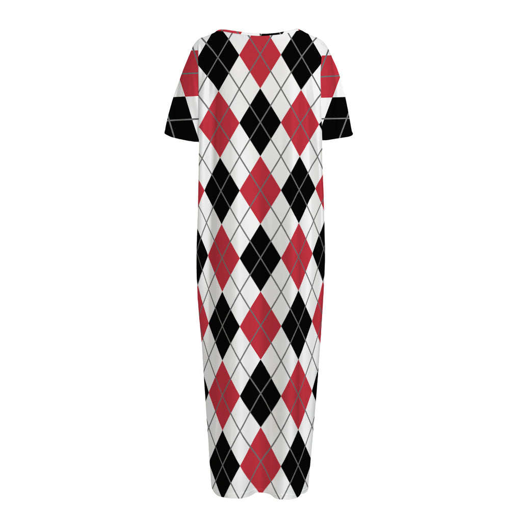 Red Black And White Argyle Pattern Print Short Sleeve Long Nightdress