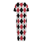 Red Black And White Argyle Pattern Print Short Sleeve Long Nightdress