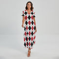 Red Black And White Argyle Pattern Print Short Sleeve Maxi Dress