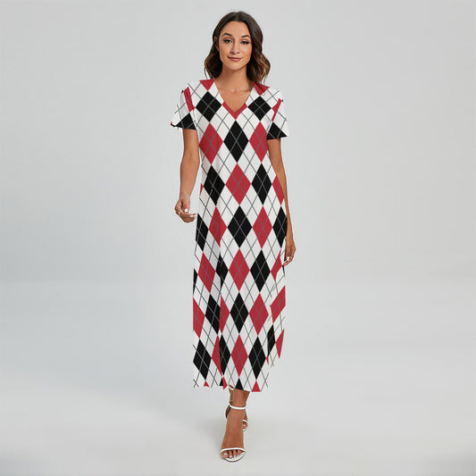 Red Black And White Argyle Pattern Print Short Sleeve Maxi Dress