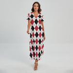Red Black And White Argyle Pattern Print Short Sleeve Maxi Dress