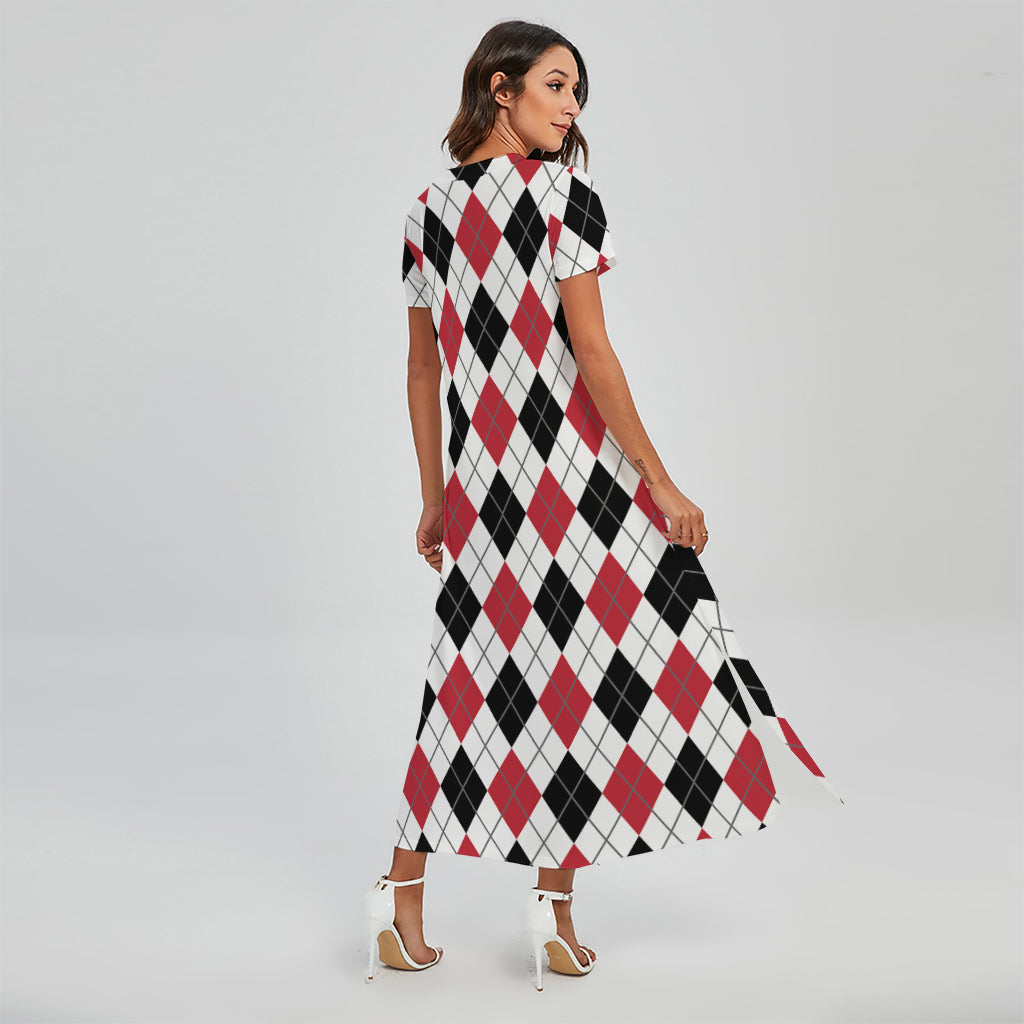 Red Black And White Argyle Pattern Print Short Sleeve Maxi Dress