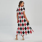 Red Black And White Argyle Pattern Print Short Sleeve Maxi Dress