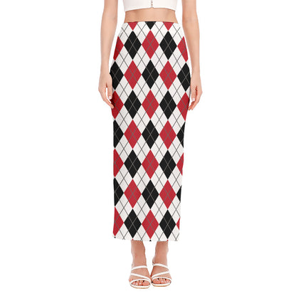 Red Black And White Argyle Pattern Print Side Slit Maxi Skirt