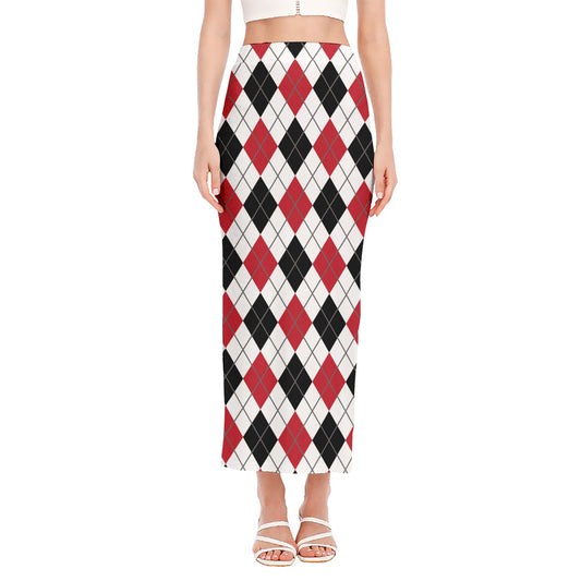 Red Black And White Argyle Pattern Print Side Slit Maxi Skirt