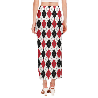Red Black And White Argyle Pattern Print Side Slit Maxi Skirt