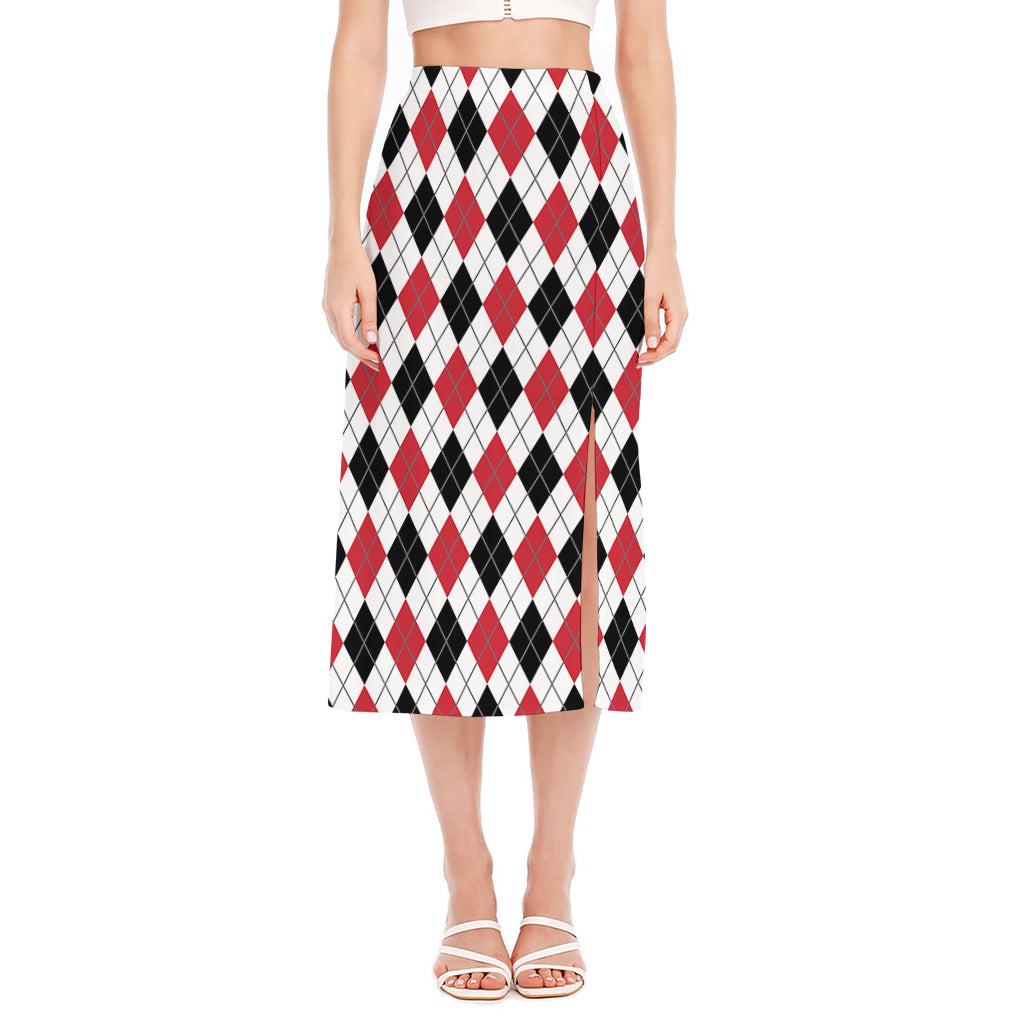 Red Black And White Argyle Pattern Print Side Slit Midi Skirt