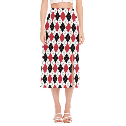 Red Black And White Argyle Pattern Print Side Slit Midi Skirt
