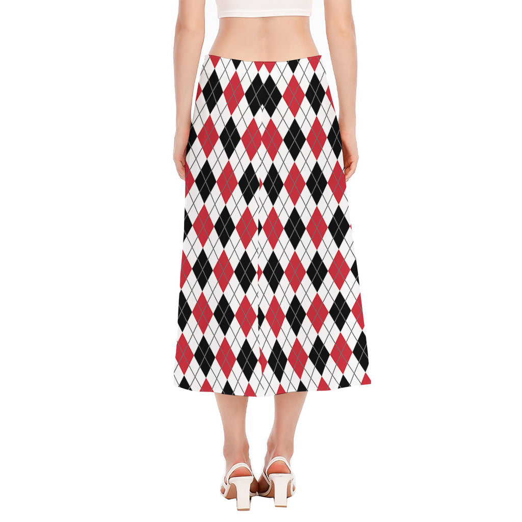 Red Black And White Argyle Pattern Print Side Slit Midi Skirt