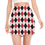 Red Black And White Argyle Pattern Print Side Slit Mini Skirt