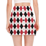 Red Black And White Argyle Pattern Print Side Slit Mini Skirt