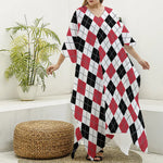 Red Black And White Argyle Pattern Print Silk V-Neck Kaftan Dress