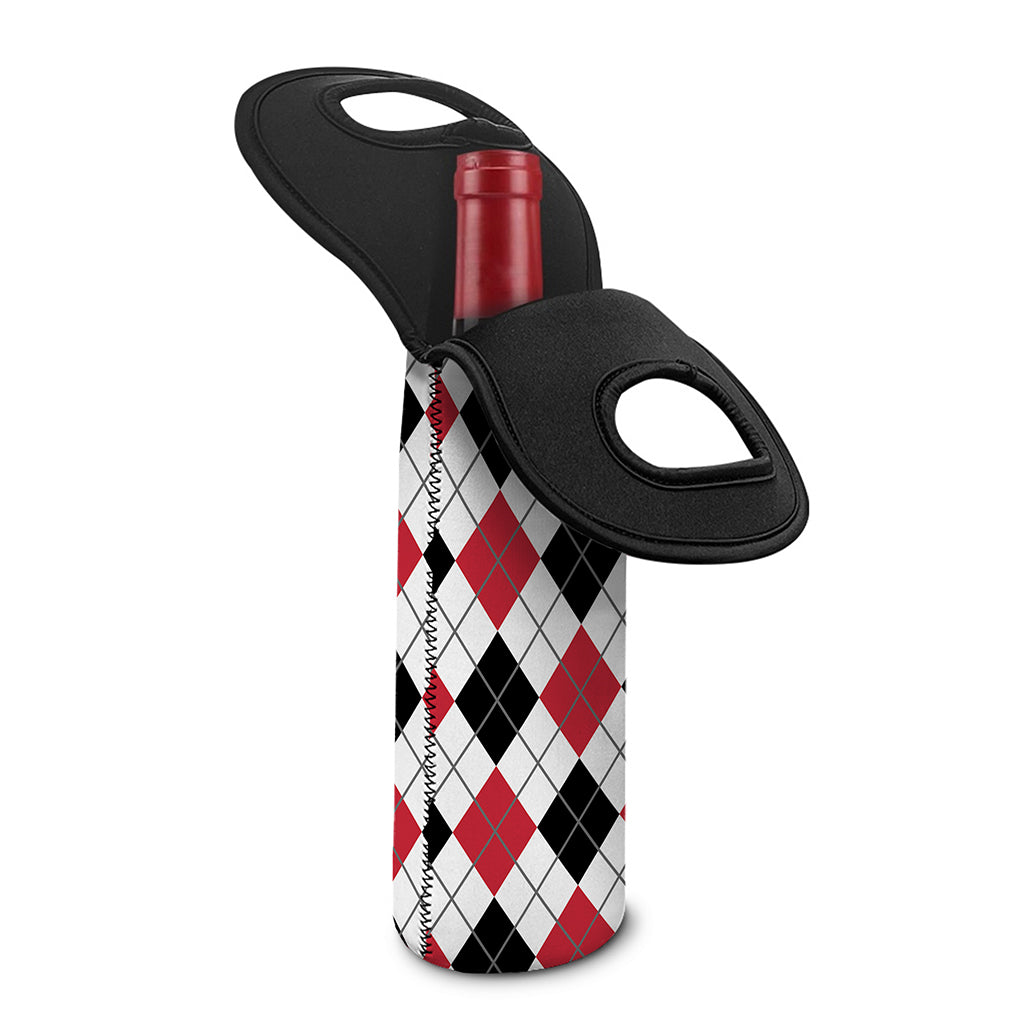 Red Black And White Argyle Pattern Print Single Neoprene Wine Tote