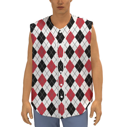 Red Black And White Argyle Pattern Print Sleeveless Baseball Jersey